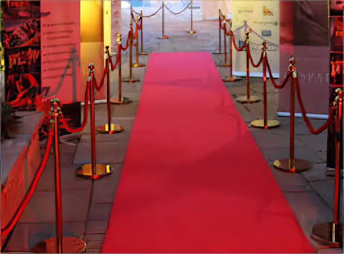 A red carpet leading to a red rope.