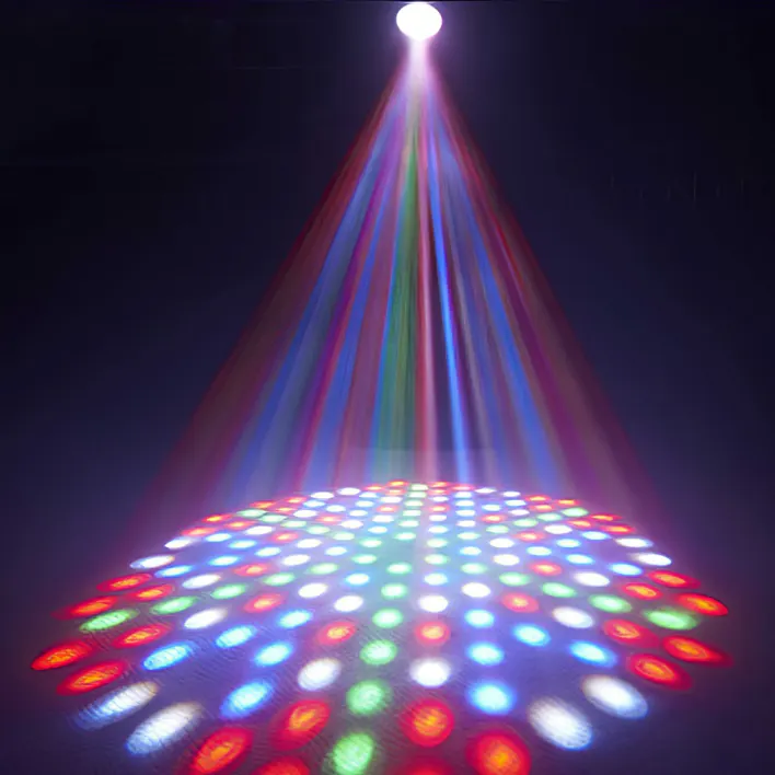 An image of a disco light with multi colored lights.