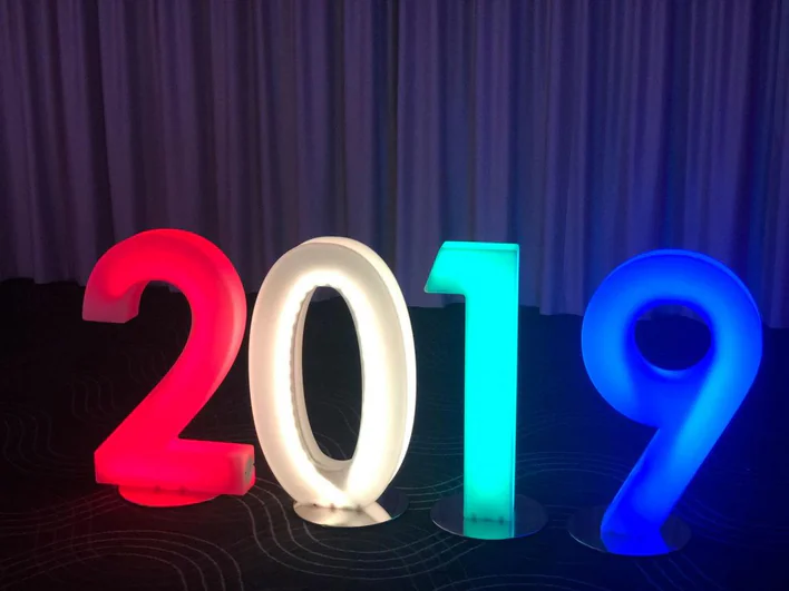 The numbers 2019 are lit up in different colors.