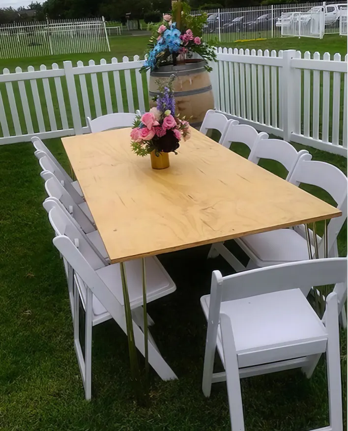 hairpin Tables and White Gladiator Chairs