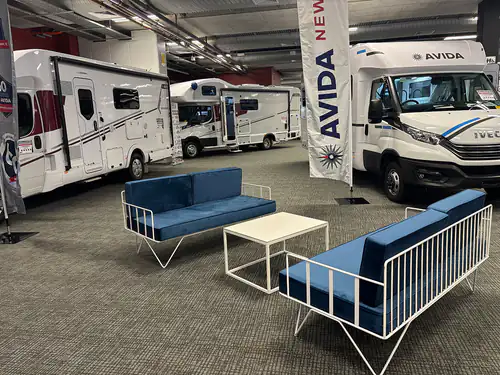 A blue wire sofa lounge hired for an automotive event