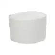 A white round ottoman sitting on a white surface.