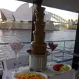 A chocolate fountain on a boat with a large fruit platter and a view of the Sydney Opera House, showcasing in season fruits.