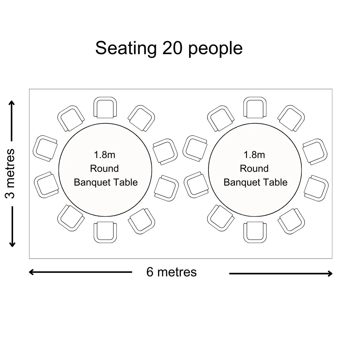 Seating arrangements for 20 people in a marquee