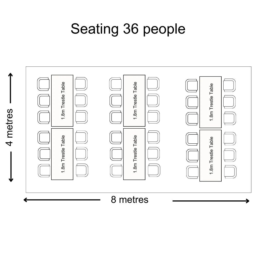 Seating arrangements for 36 people in a marquee