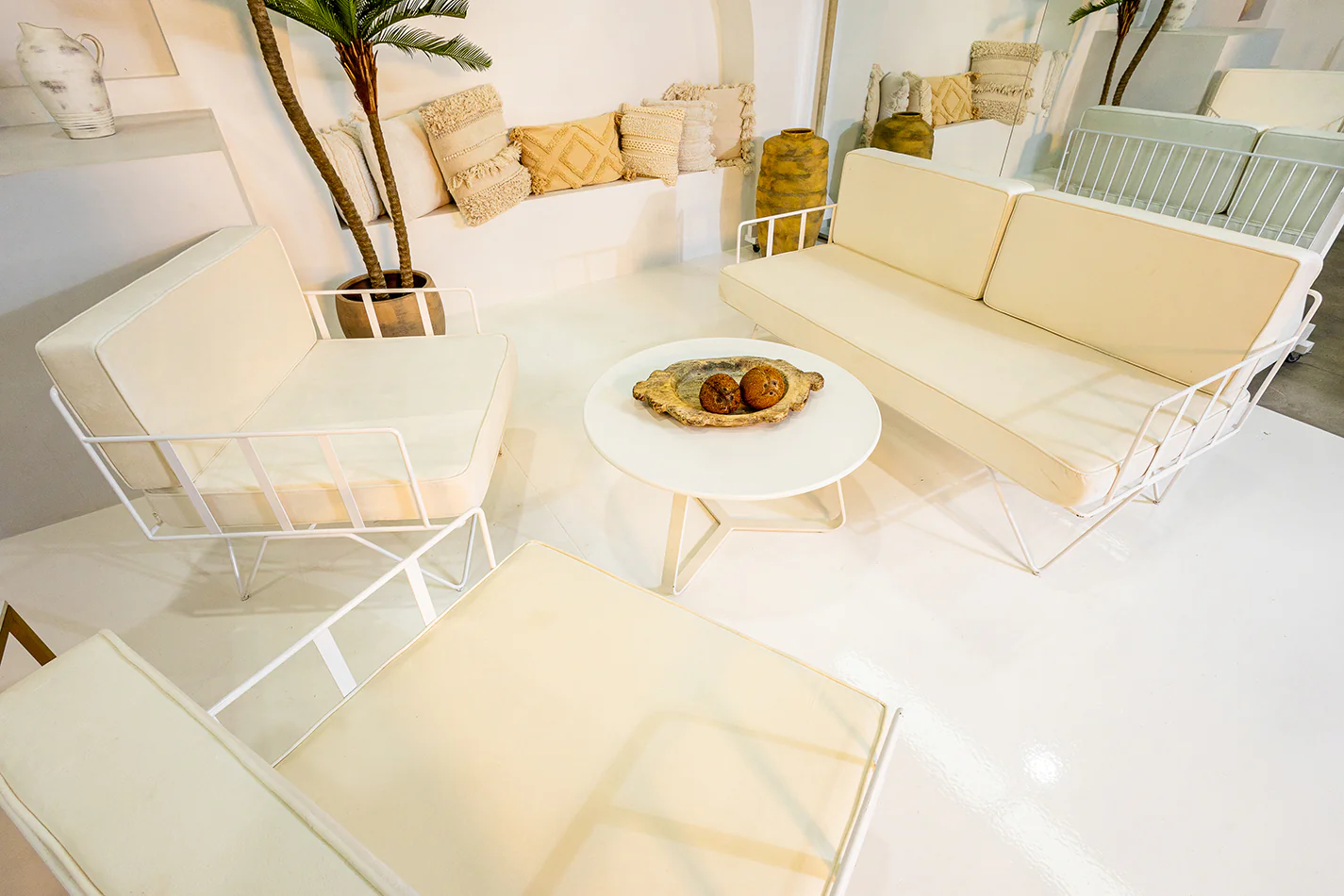 Our white round coffee table on display