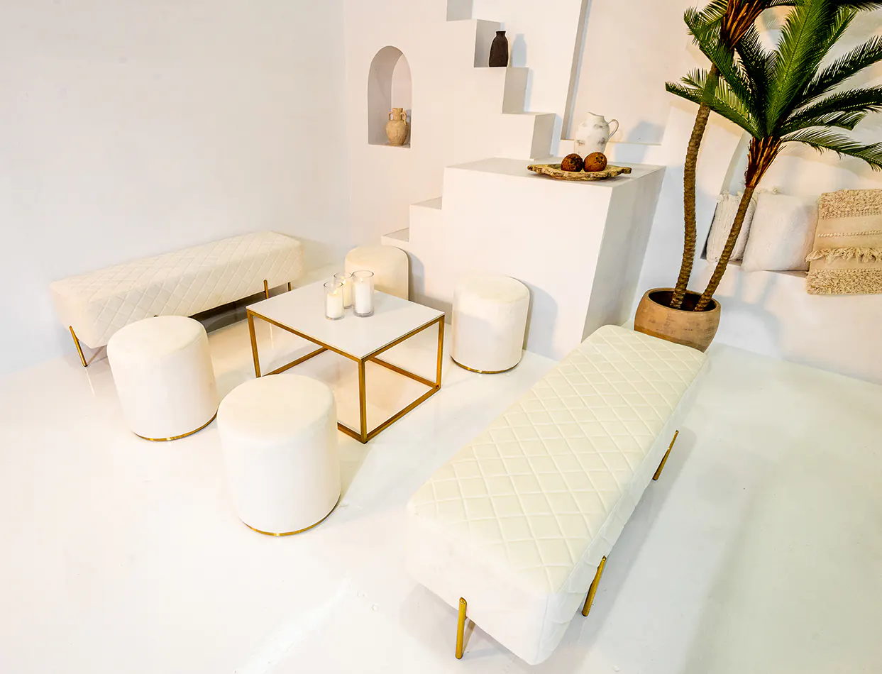 Our white velvet ottoman bench setup