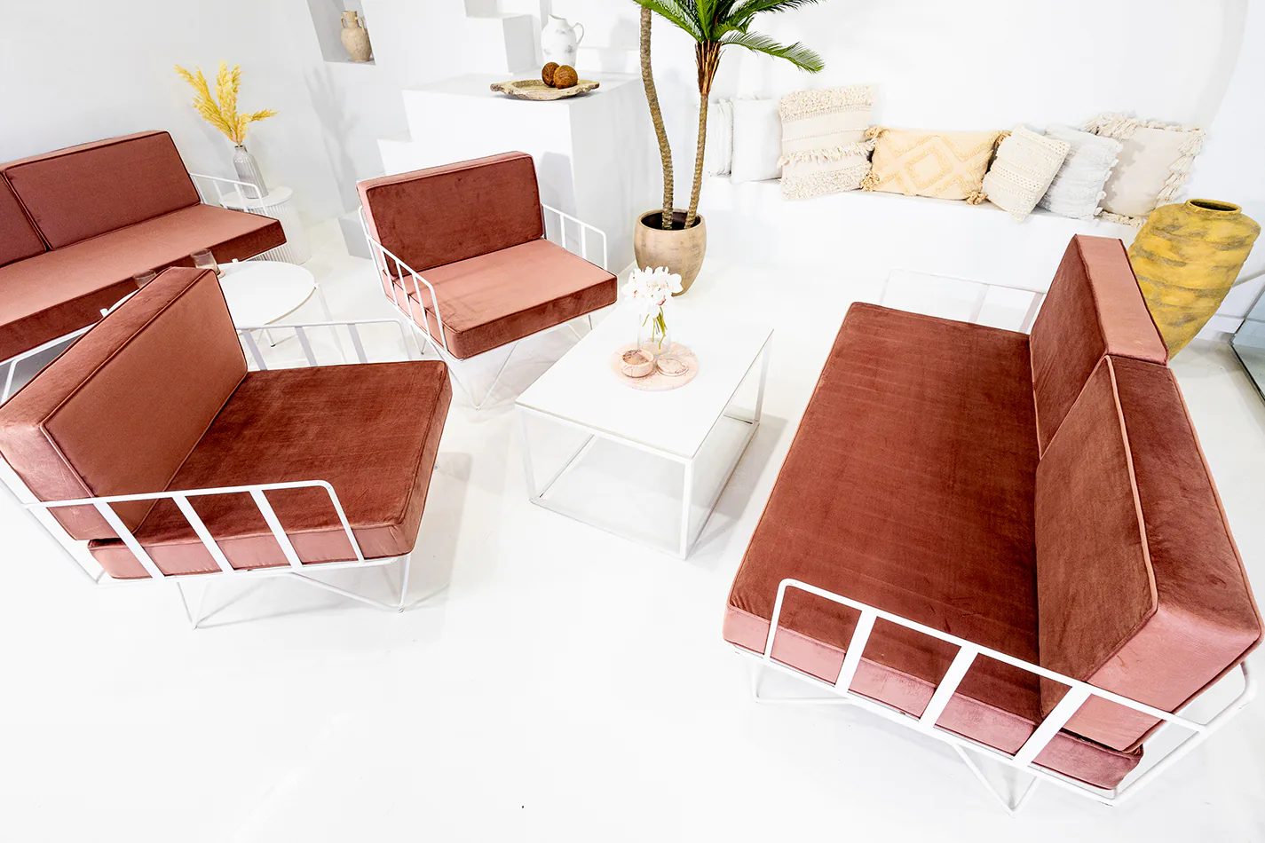 Our wire lounge chair set with pink velvet cushions