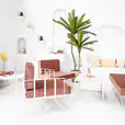 Our wire sofa lounge set with pink velvet cushions available for hire