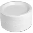 A stack of white plastic plates on a white background, available at $10 per 50 plates.