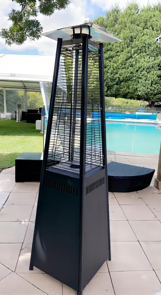 A black Pyramid Heater Hire in front of a pool.