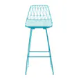 A turquoise metal bar stool with a white background.