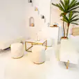 White velvet ottoman bench set up with a palm tree