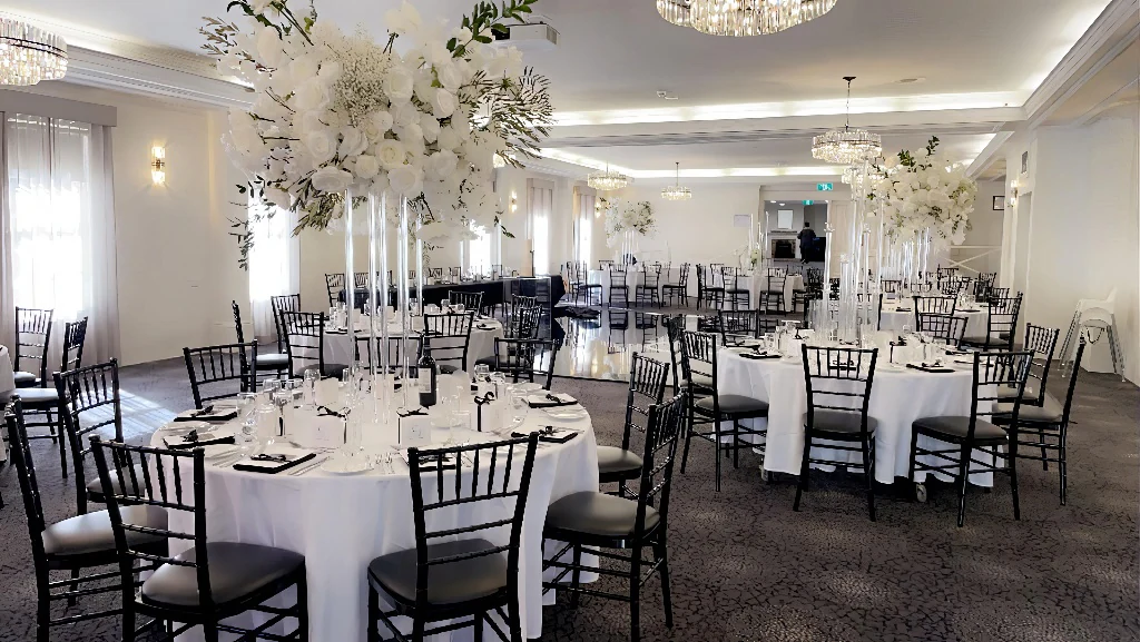 Black themed wedding reception setup
