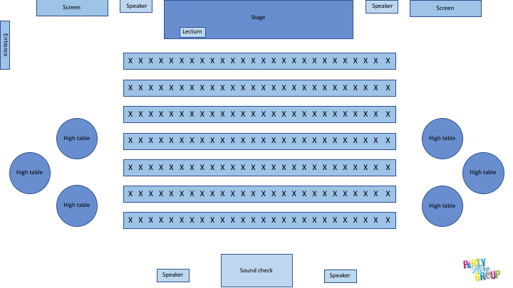 Corporate event floor plan with speaker placement