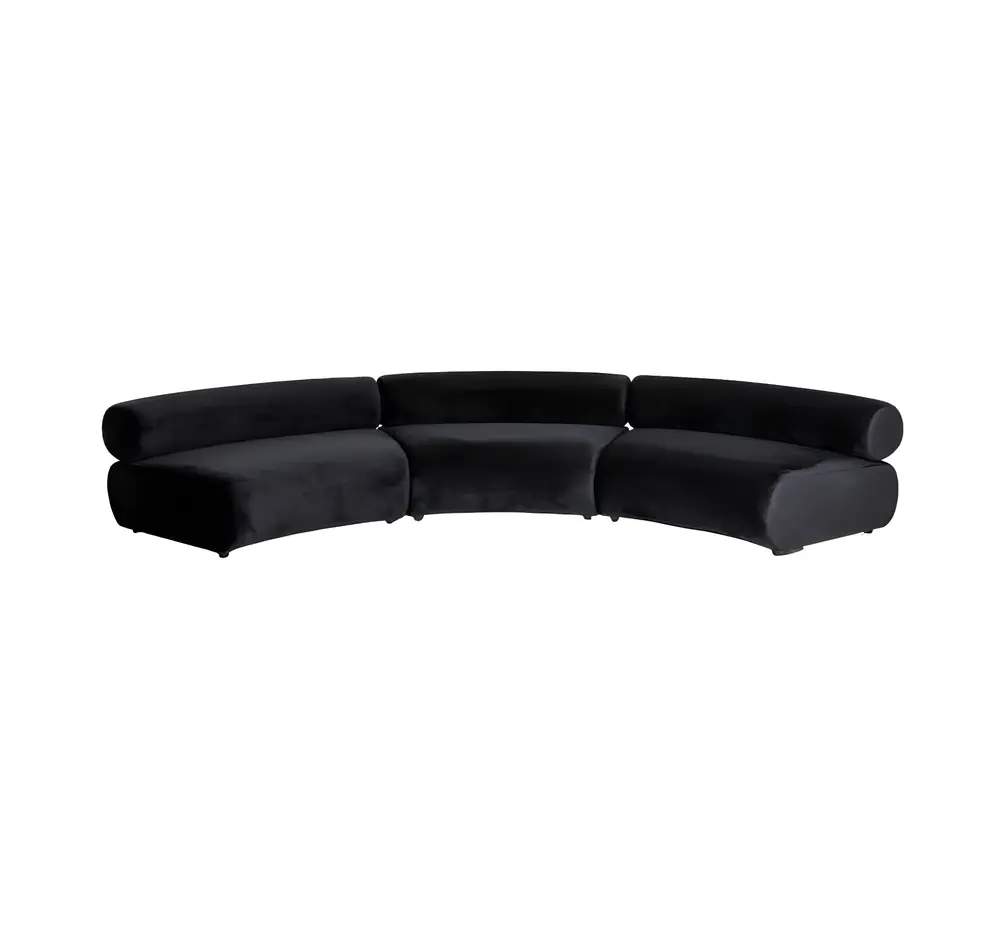 Apollo black velvet curved lounge sections combined into a semi circle