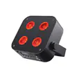 Battery-operated par can light emitting red LED lighting from four lenses, shown in black compact housing with adjustable bracket and control panel.