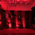 Red battery-operated par can uplights casting dramatic lighting across a custom photo backdrop with balloon décor at an indoor event.