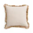 A beige linen-look cushion with a natural jute fringe border, photographed against a white background