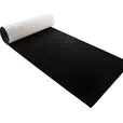 A roll of black carpet partially unrolled to show its full length, with a white cylindrical core visible at one end against a white background