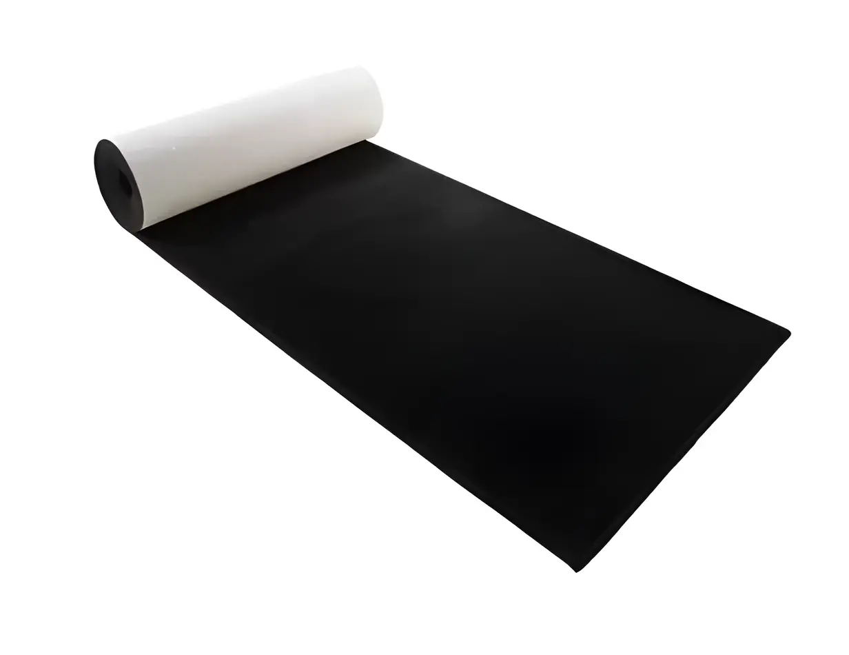A roll of black carpet partially unrolled to show its full length, with a white cylindrical core visible at one end against a white background
