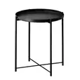 Black metal round side table with slim legs and a raised-edge tray top, displayed on a plain background for product listing use.