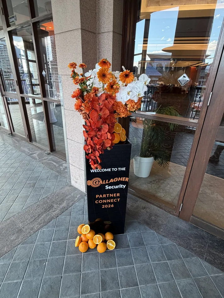 Black perspex plinths displaying products at a corporate event