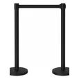 Two black tensa barriers with matte black posts, weighted round bases and a retractable black belt connected between them on a plain background.