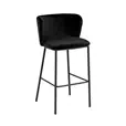 Black velvet bar stool with padded seat and curved back rest on a matt black frame