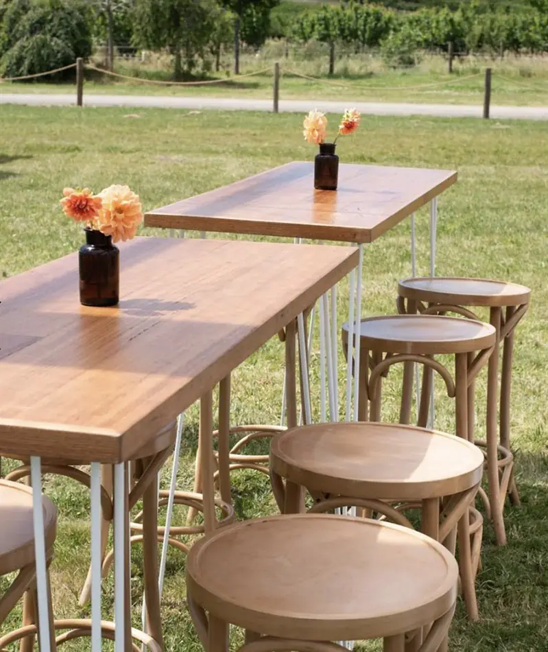 Multiple blonde bentwood bar stools at an outdoor cocktail party with natural timber furniture