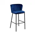 Blue velvet bar stool with curved back rest and padded seat on a matt black frame