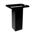 Black acrylic butler's tray on a black plinth, side view showing the tray lip