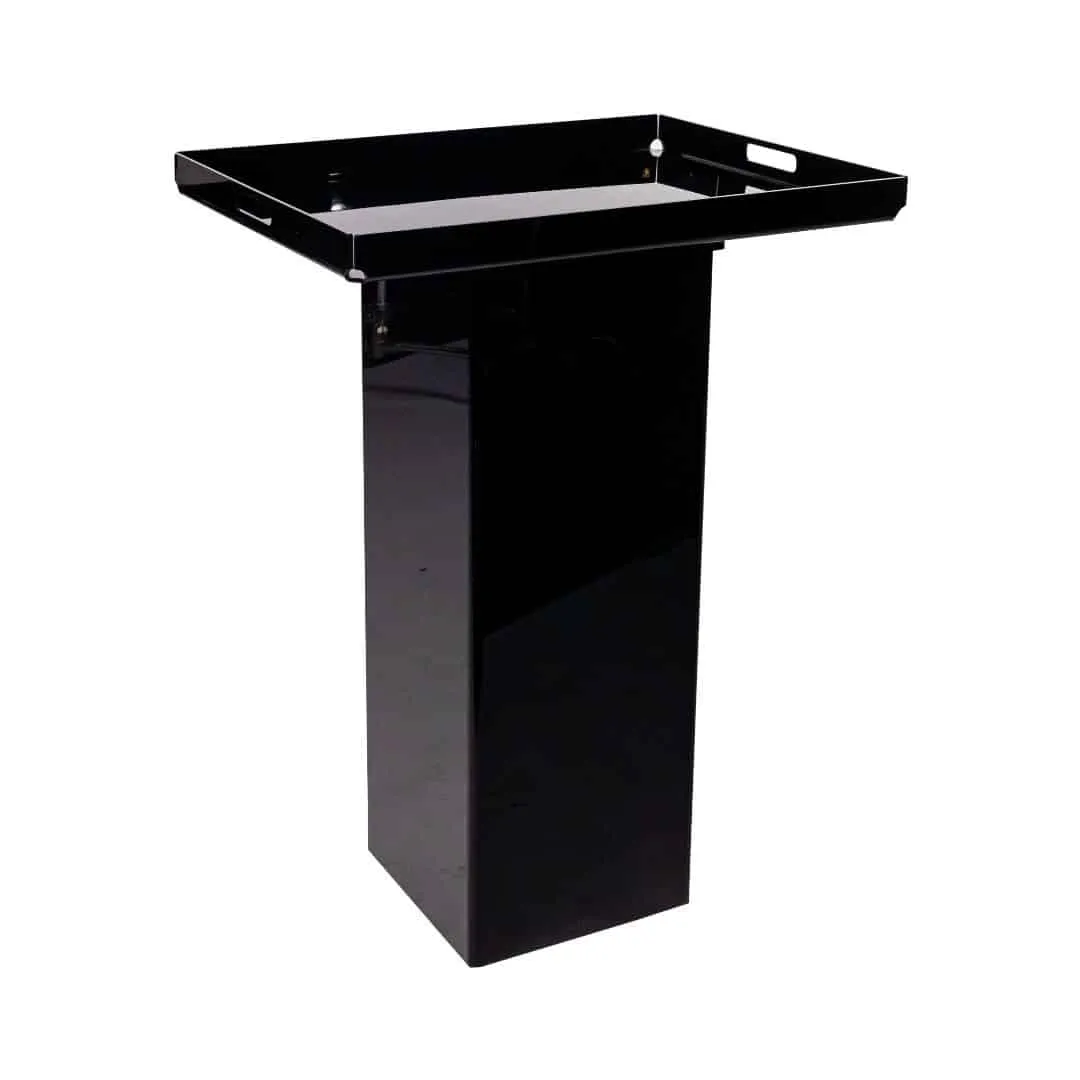 Black acrylic butler's tray on a black plinth, side view showing the tray lip