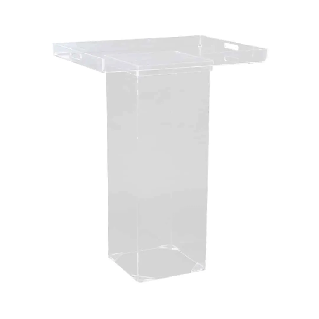 Clear acrylic butler's tray on a clear plinth, side view showing the tray lip