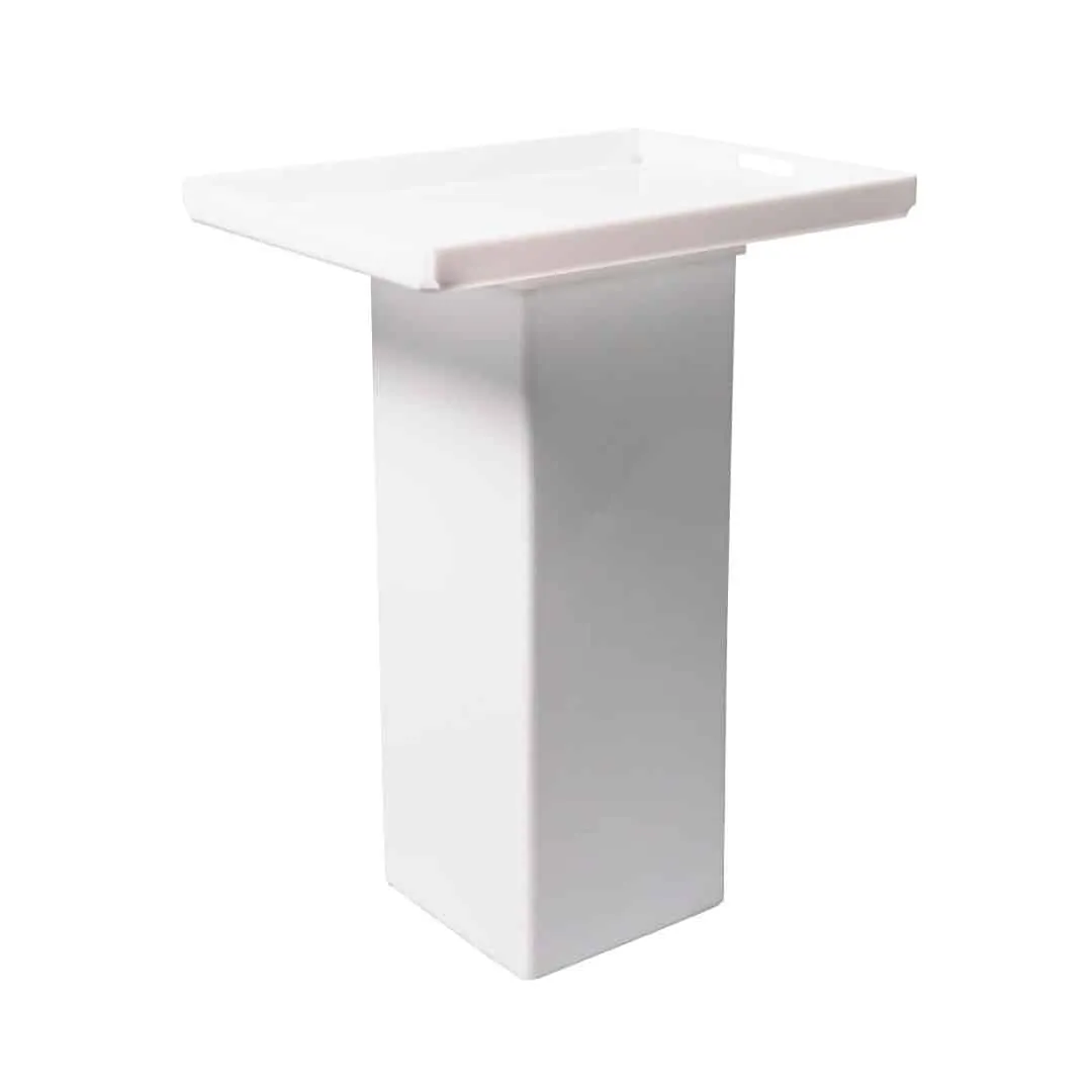Opal acrylic butler's tray on a white plinth, side view showing the tray lip