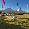 Double white pop-up marquee setup with tables and seating arranged on a sports field for a community gathering