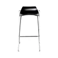 Black exhibition stool with a sleek chrome frame and curved black timber seat at 75cm bar height, front view