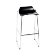 Black exhibition stool with a chrome sled frame and curved black timber seat, side profile view