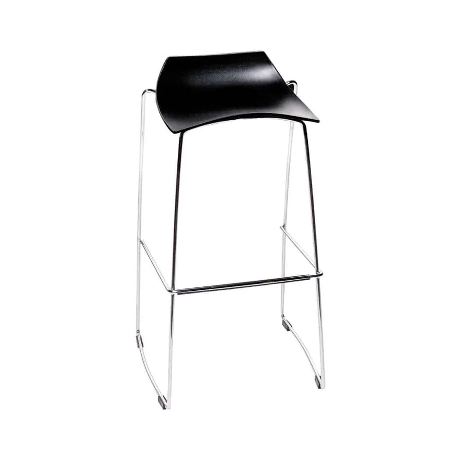 Black exhibition stool with a chrome sled frame and curved black timber seat, side profile view