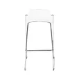 White exhibition stool with a sleek chrome frame and curved white timber seat at 75cm bar height, front view