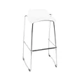 White exhibition stool with a chrome sled frame and curved white timber seat, side profile view