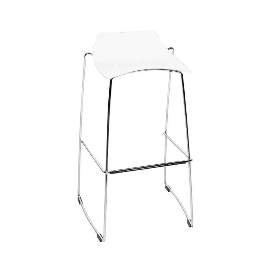 White exhibition stool with a chrome sled frame and curved white timber seat, side profile view
