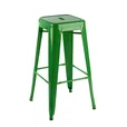 Forest green Tolix bar stool in pressed steel with a square seat, tapered legs and footrest bar, shown against a plain background.