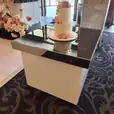 A glossy cake on top of a hire table.