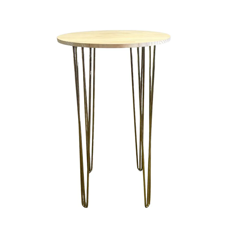 Gold hairpin round cocktail table hire