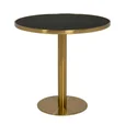 Gold premium cafe table with a brushed gold frame, round black top and matching gold pedestal base on a plain background.