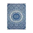 Blue and white mandala design outdoor rug with circular medallion pattern