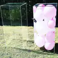A clear square box with pink balloons in it.