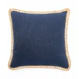 A navy blue cushion with a natural crochet loop trim, photographed against a white background