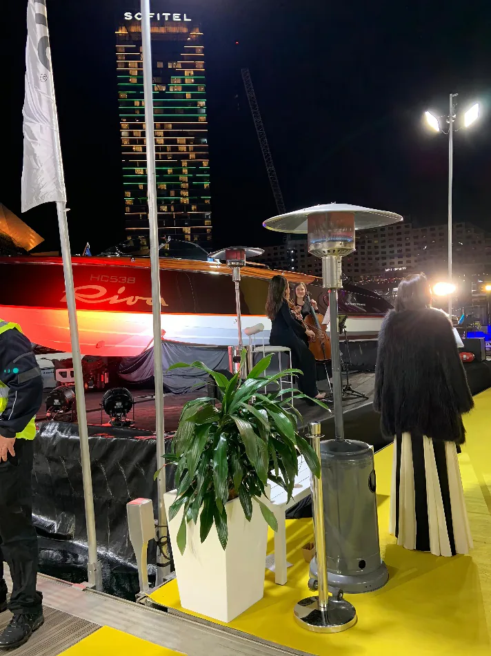 Our mushroom heaters being used for an event on a wharf